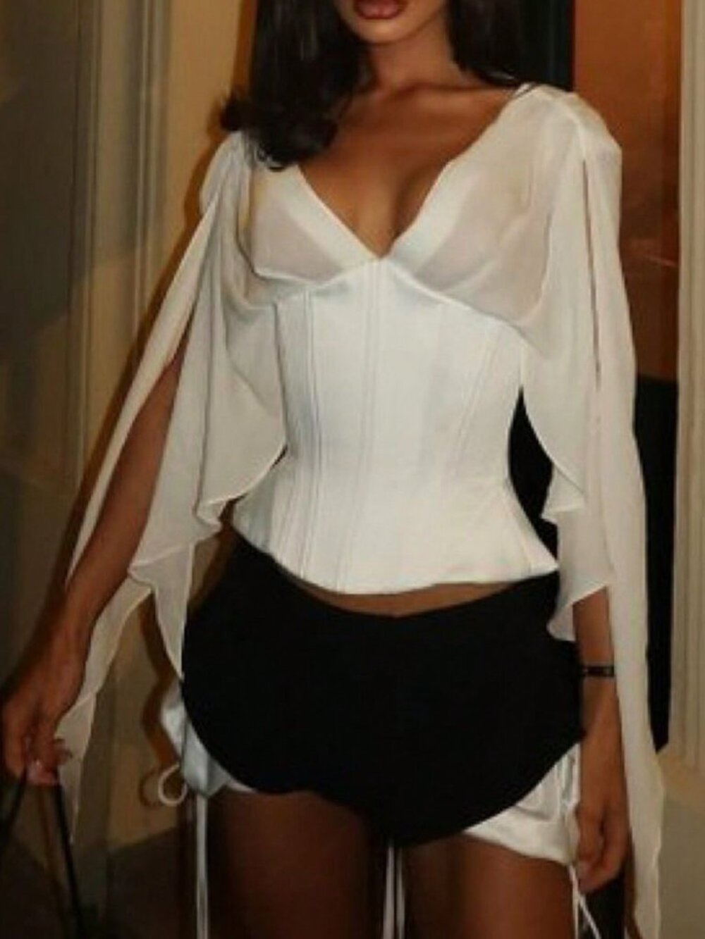 Apricot Elegant Sheer Chiffon V-Neck Corset Women's Top - Picture 1 of 12